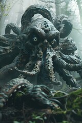 Wall Mural - Malevolent Otherworldly Creature Lurking in Fog-Laden 3D Render