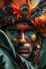 Canvas Print - Tribal Shaman Channeling the Mystical Energy of the Lush Jungle in Vibrant Plumage and Face Paint