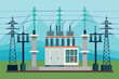 © COK House - The image shows an electrical substation including a transformer, high-voltage transmission lines, supports, insulators, and a control building. The theme of electricity distribution