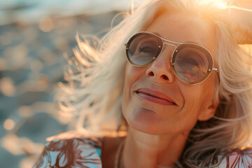 Wall Mural - Closeup portrait of beautiful smiling mature Woman in Sunglasses, sunbathing her faces under the beautiful sun of summer by the beach