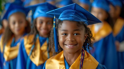 A group of multiethnic children in graduation caps and gowns, smiling at the camera with their tassels hanging down on one side, dressed in blue or yellow robes, all wearing dark skin color.