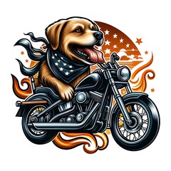 A dog design drawing graphic riding a motorcycle eyecatching highquality realistic Illustrative.