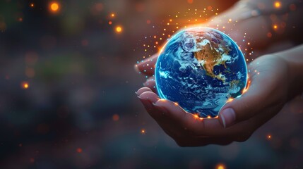 Hands protecting globe, Saving environment with icons energy sources for renewable and environmentally sustainable. Save Earth.Energy saving concept, Environment Earth Day.