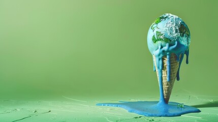 Wall Mural - Melting Earth Ice Cream Cone Symbolizing Global Warming and Climate Change on Green Background