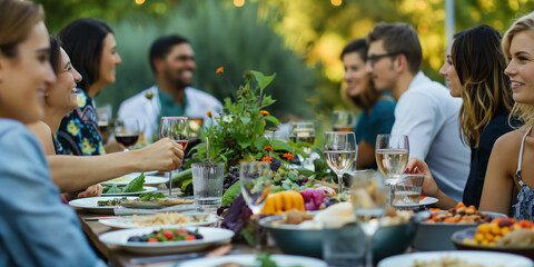 Wall Mural - Friends enjoying a festive lunch, smiling and eating together outdoors at a happy gathering.