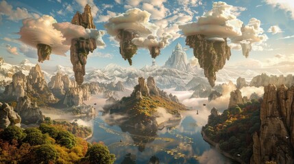 Wall Mural - surreal landscape where mountains float in the sky and rivers run upwards AI generated