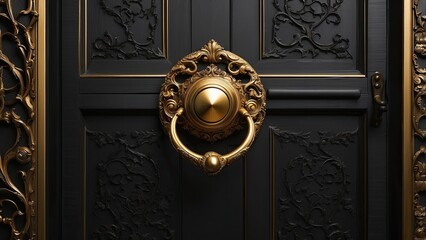 Wall Mural - Mystery black door. Ornate gold door handle. copy space