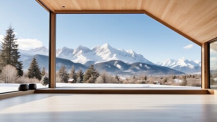 Wall Mural - Contemporary Empty Home with Wide Open Snowy Mountain View. Spacious Home Design.
