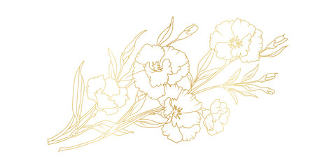 Poster - Golden carnation flowers line art isolated on white background. Luxury floral design elements for invitation, wedding, wallpaper, print template, vector illustration