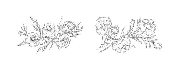 Poster - Carnation flower arrangement line art on white background. Silhouette botanical hand drawn element for wedding, invitation frame design, vector illustration