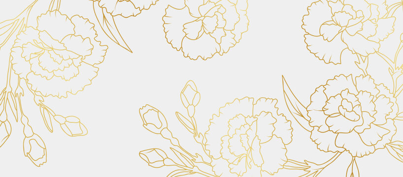 Luxury gold carnation flowers background. Floral pattern tropical in line art style for greeting, invitation, wedding card, wall art, wallpaper and print. Vector illustration