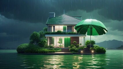 Canvas Print - A modern house under a giant green umbrella in a thunderstorm, reflecting in the water, suggesting protection and insurance notion. dim backdrop.
