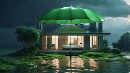 Wall Mural - A modern house under a giant green umbrella in a thunderstorm, reflecting in the water, suggesting protection and insurance notion. dim backdrop.