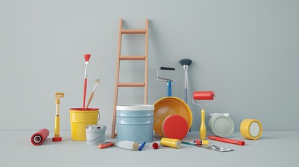 Poster - A 3D illustration of painting tools, including rollers, brushes, paint buckets, and a folding ladder, arranged in a dynamic composition against a light background. Generative AI