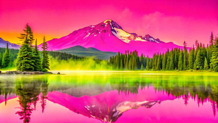 Wall Mural - South Sister and Broken Top reflect over the calm waters of Sparks Lake at sunrise in the Cascades Range in Central Oregon, USA in an early morning light. Morning mist rises from lake into trees. 