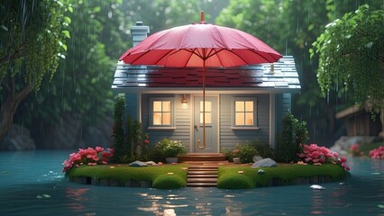 Wall Mural - A small house with an umbrella roof in the rain, surrounded by water. Concept of home insurance and property protection.