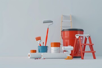 Poster - A 3D rendering showcasing a variety of painting tools, including rollers, brushes, paint buckets, and a folding ladder. Perfect for interior decorating projects. Generative AI