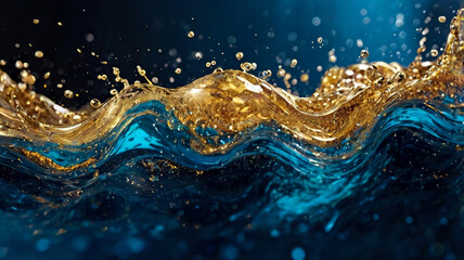 Abstract gold and blue fluid patterns, Luminous and shimmering texture background