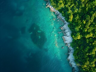 Poster - Aerial View of Turquoise Seascape Blending with Lush Coastal Greenery   Tranquil Ocean and Marine Life Scenery