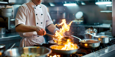 Wall Mural - Chef cooking with flames in a professional kitchen