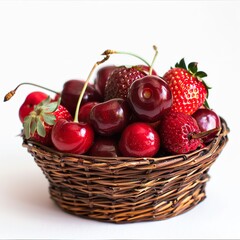 Sticker -  a photo of ripe cherries and strawberries displayed in a shallow basket, isolated on a white background