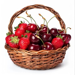 Sticker -  a photo of ripe cherries and strawberries displayed in a shallow basket, isolated on a white background