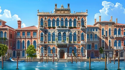 venetian canal house surrounded by lush green trees and a clear blue sky, with a white cloud adding to the picturesque view