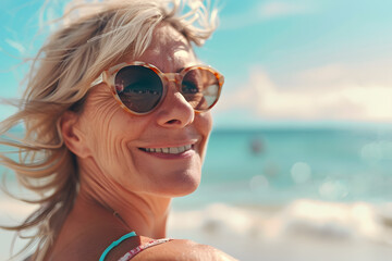 Wall Mural - Closeup portrait of beautiful smiling mature Woman in Sunglasses, sunbathing her faces under the beautiful sun of summer by the beach
