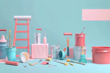 Poster - A dynamic composition featuring various painting supplies, including paint rollers, brushes, buckets, and a folding ladder, on a light blue background. Generative AI