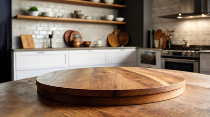 Wooden table top on blurred kitchen background, Empty kitchen table for display or menu design