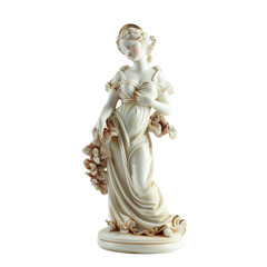 elegant porcelain figurine of a woman in classical attire, delicately holding a flower bouquet, show