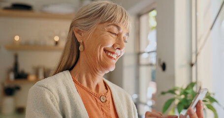 Canvas Print - Senior woman, phone and app for internet message in home, reading notification and scroll on blog. Elderly person, typing and text for communication, smile and conversation for funny joke or laugh