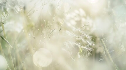 Poster - Dandelion seeds, close-up, delicate white, soft morning light, high detail, blurred meadow. 