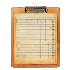 Wooden clipboard with a vintage document, showcasing an old office-style form, isolated on white background.