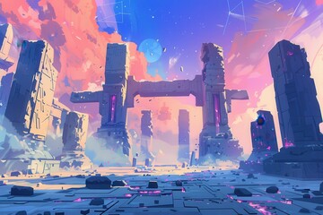 Wall Mural - Futuristic Ruins Under a Pink and Blue Sky