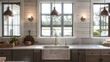 © Aeman - modern farmhouse kitchen with shiplap walls, a large apron sink, and vintage-style pendant lights