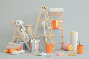 Poster - A dynamic composition of professional painting supplies, including ladders, rollers, brushes, buckets of paint, and other tools, arranged against a light background. Generative AI