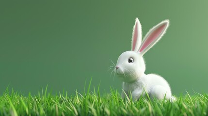 Cute white bunny sitting in a green field of grass. The bunny is looking at the camera with its big black eyes.