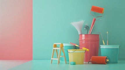 Poster - A colorful assortment of painting supplies and tools including rollers, brushes, buckets, and a folding ladder sit on a light-colored background, ready for a fresh coat of paint. Generative AI