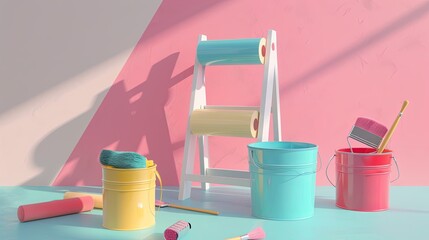 Poster - A 3D rendering of painting supplies, including rollers, brushes, paint buckets, and a folding ladder, set against a light background. Generative AI