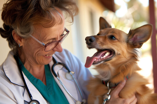 In a vet's examination room, /dog and female doctor, veterinarian examining a dog, focusing on careful and compassionate treatment, Modern Veterinary Clinic, veterinary doctor with a dog in a clinic