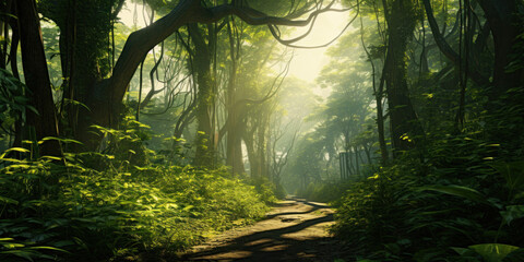 Wall Mural - Tropical Forest With Sunbeams. Misty Rainforest Pathway At Sunrise. Generative AI