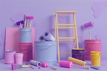 Poster - An image showcasing a variety of colorful painting tools, including rollers, brushes, paint buckets, and a folding ladder, arranged dynamically on a light purple background. Generative AI