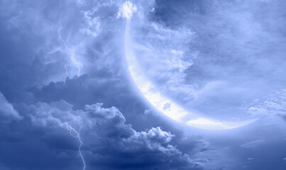 Wall Mural - lightning strikes between blue stormy clouds with crescent moon