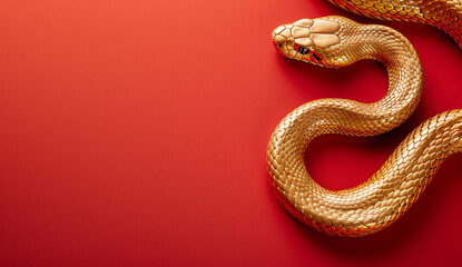 Wall Mural - Golden snake symbol of 2025 isolated on red background.