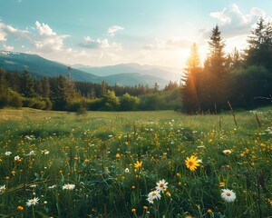 Canvas Print - Stunning Mountain Meadow Bathed in Summer Sunshine and Vibrant Blooms