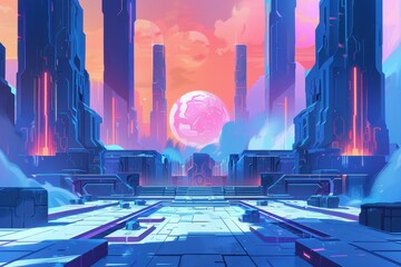 Wall Mural - Futuristic Cityscape with Glowing Structures and Pink Moons