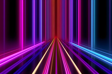 A dynamic abstract background featuring vibrant neon light stripes in shades of purple, pink, blue, yellow. The colorful lines create sense of depth and motion making it ideal for futuristic designs