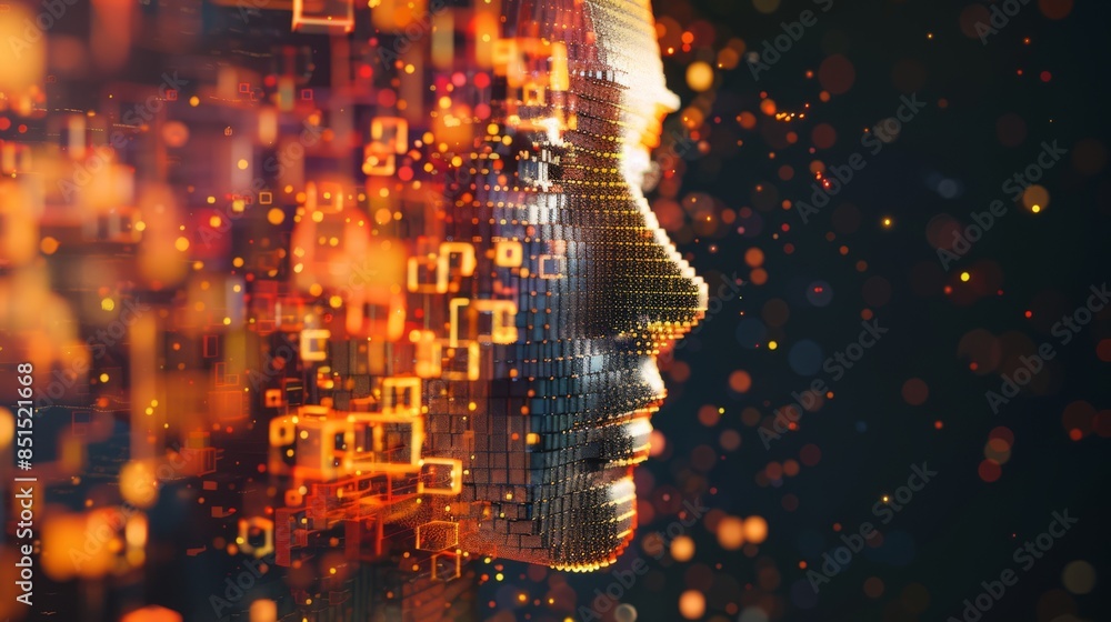 Digital face with glowing orange cubes creating a vibrant, futuristic ...