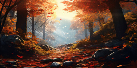 Wall Mural - Autumn Forest Path With Sunbeams. Autumnal Fantasy Landscape With Glowing Sunlight And Falling Leaves. Generative AI